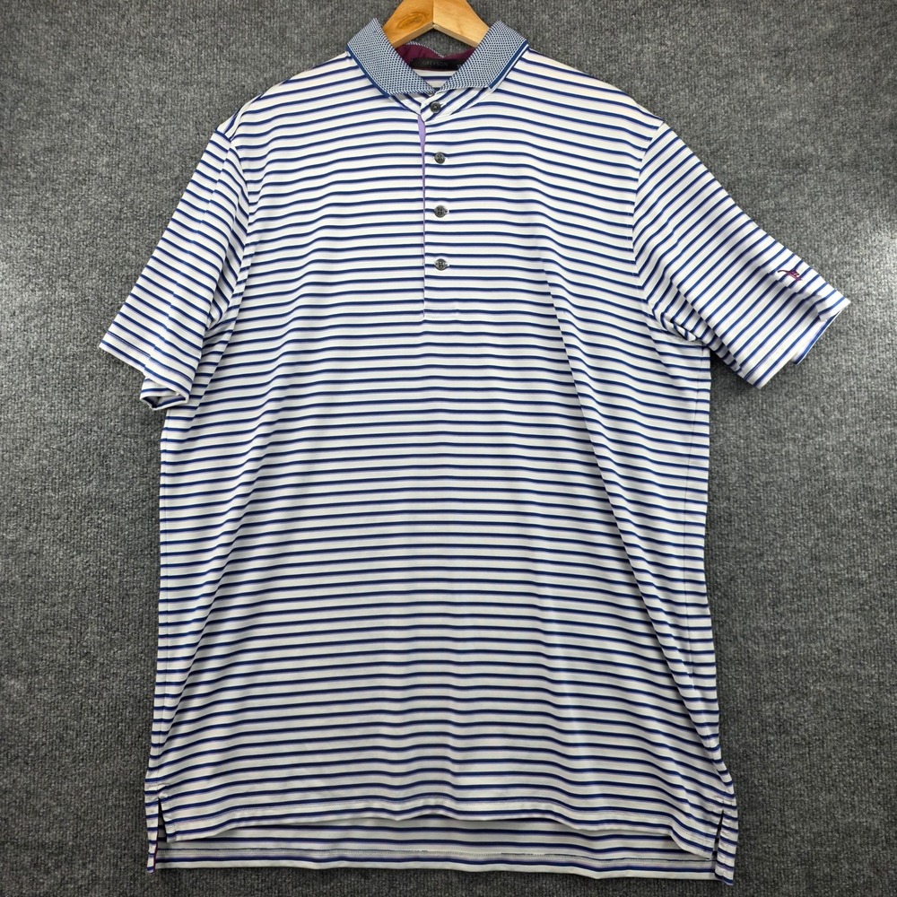 Greyson Mens XL Striped Performance Polo Shirt Blue Purple White Short Sleeve
